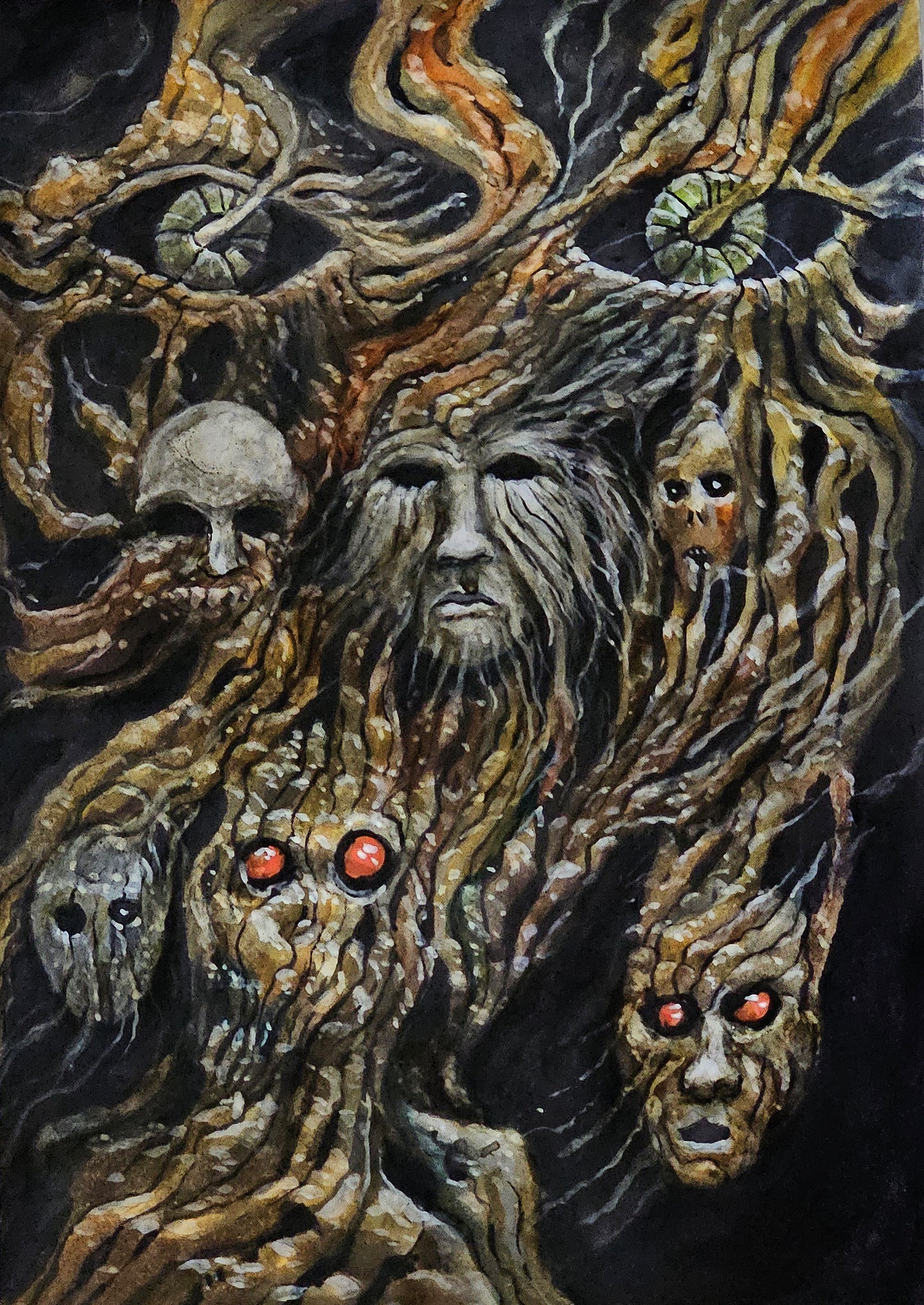 Gothic-style illustration with a creature and skulls on a dark background