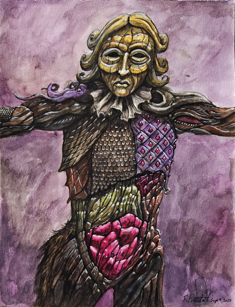 Artistic depiction of a character with intricate armor and purple background