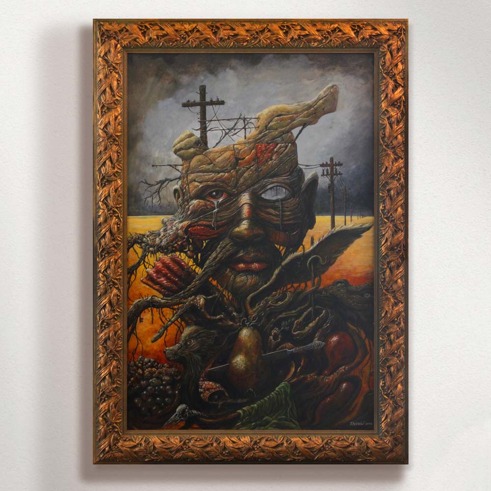 Framed artwork of a creature with a detailed and ornate frame.