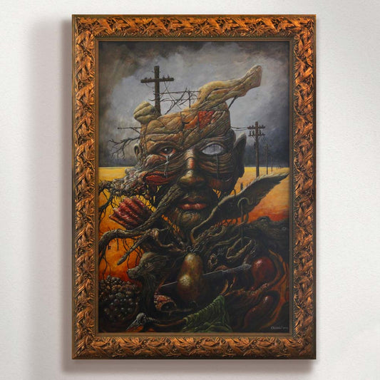 Framed artwork of a creature with a detailed and ornate frame.