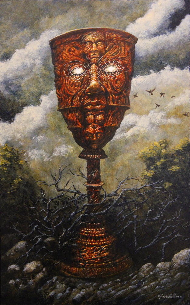 Decorative cup with face-like design on a stone wall with clouds and birds in the background