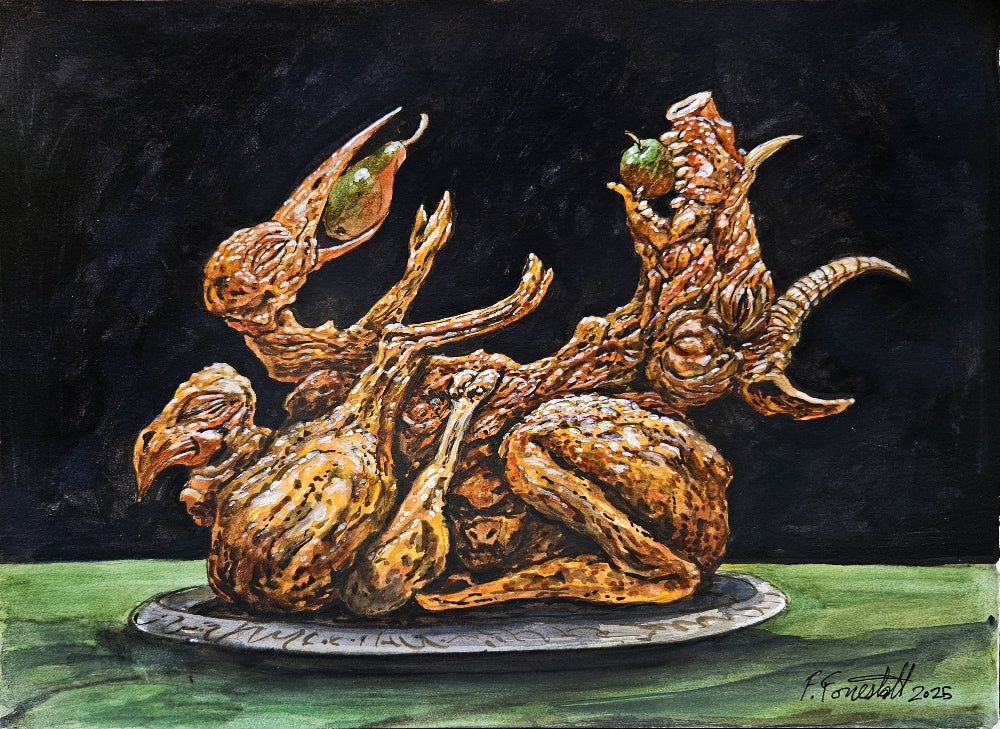 Artistic depiction of a creature with lobster-like appendages on a dark background
