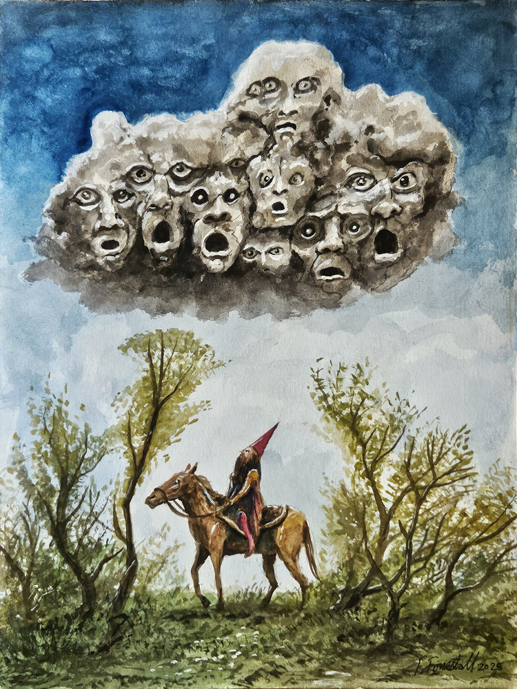 Traveling wizard on a donkey with a cloud of faces above, set against a blue sky with trees.